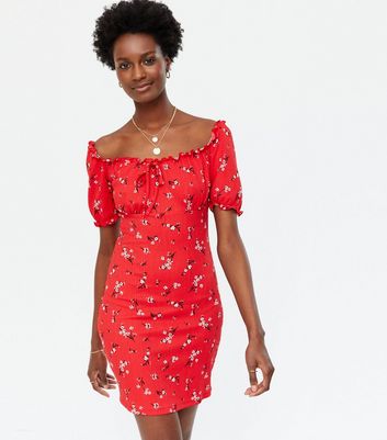 Red Floral Tie Front Bardot Mini Dress ...